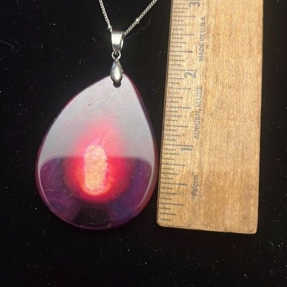 Handcrafted Red Teardrop Pendant Necklace – Silver Tone Chain - Picture 3 of 3